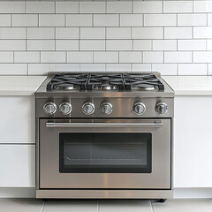 Fototapeta premium Modern Stainless Steel Gas Range with Oven in White Kitchen