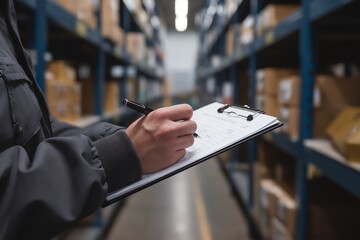 Obraz premium Person writing on clipboard in warehouse, inventory management in action.