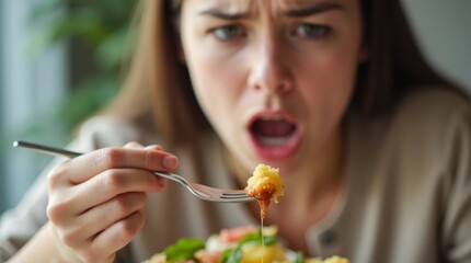 A close-up of a woman looking disappointed while holding a fork with food, unable to taste it