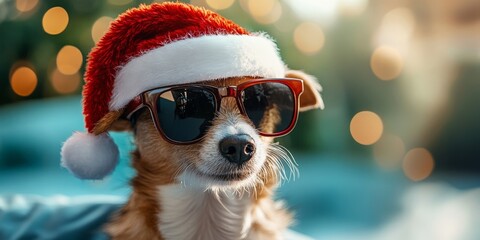 Cool Santa Dog Wearing Sunglasses & Santa Hat