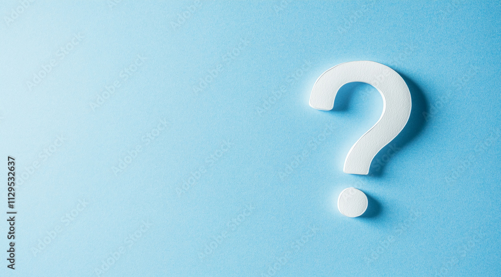 Poster question mark symbol against a light blue background suggesting curiosity and inquiry in a minimalis