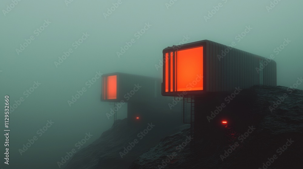 Aufkleber two rectangular boxes on top of a rocky cliff. the boxes are made of metal and have a dark grey exte