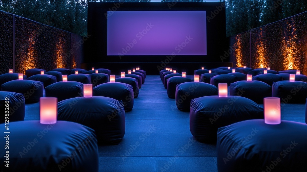 Poster outdoor movie theater with a large screen in the background. the screen is lit up with a purple ligh