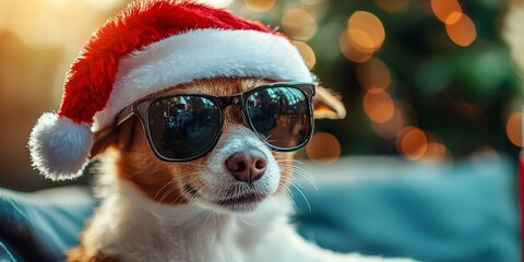 Cool Santa Dog Wearing Sunglasses & Santa Hat