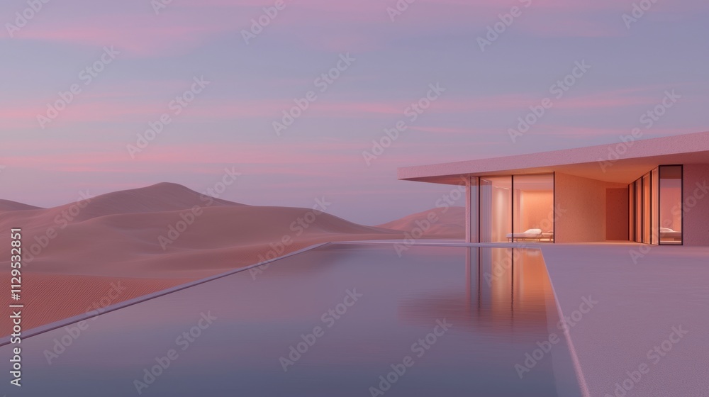Poster 3d rendering of a modern house in the desert. the house is a two-story building with a flat roof and
