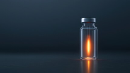3d rendering of a glass vial with a silver cap. the vial is empty and is placed on a dark blue surface.