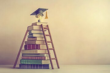 Pile of academic books with a ladder reaching up to a light bulb in a graduation cap, set on a soft cream background.