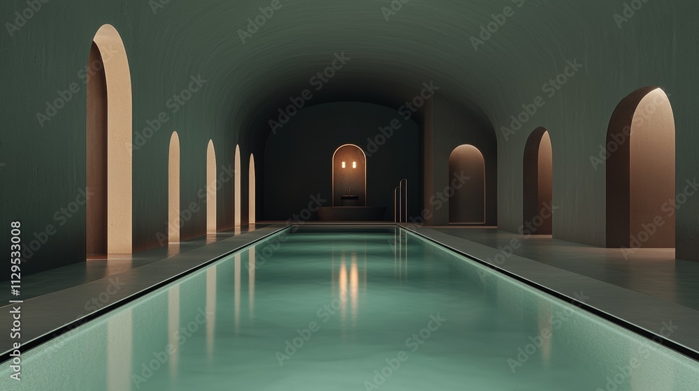 Poster indoor swimming pool in a tunnel-like space. the pool is long and rectangular in shape, with a clear