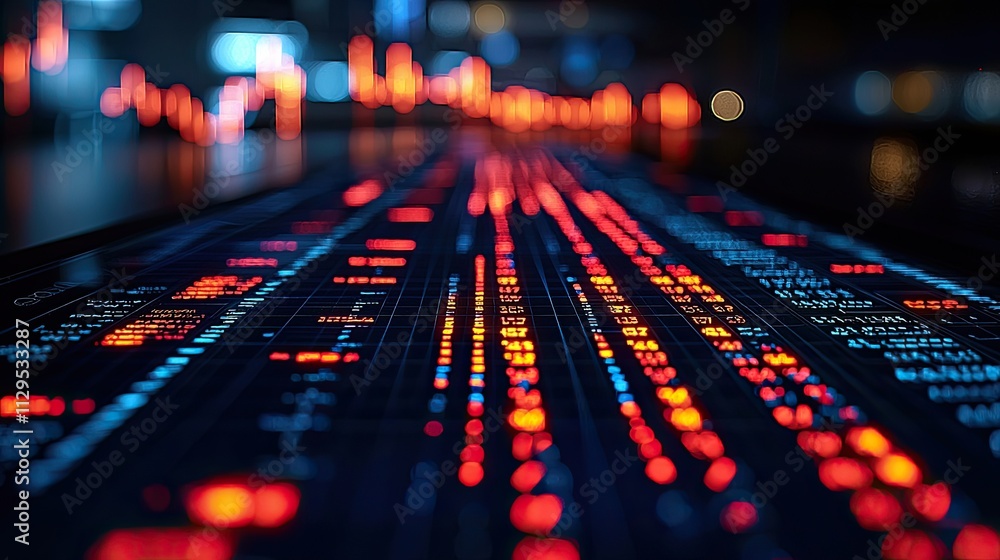 Poster financial data display shows colorful stock charts and numerical information in a modern trading env