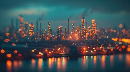 Naklejka premium Night view of an industrial complex with blurred lights reflecting on water.