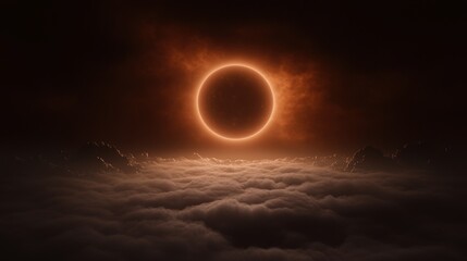 Obraz premium Digital illustration of a total solar eclipse. the sky is dark and the sun is partially visible in the center of the image, with a bright orange glow radiating from it.