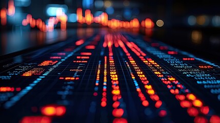 Financial data display shows colorful stock charts and numerical information in a modern trading environment at night