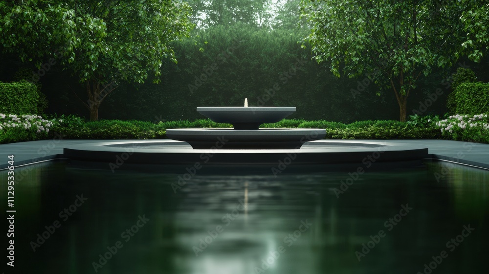 Poster 3d rendering of a beautiful garden with a fountain in the center. the fountain is made of stone and 