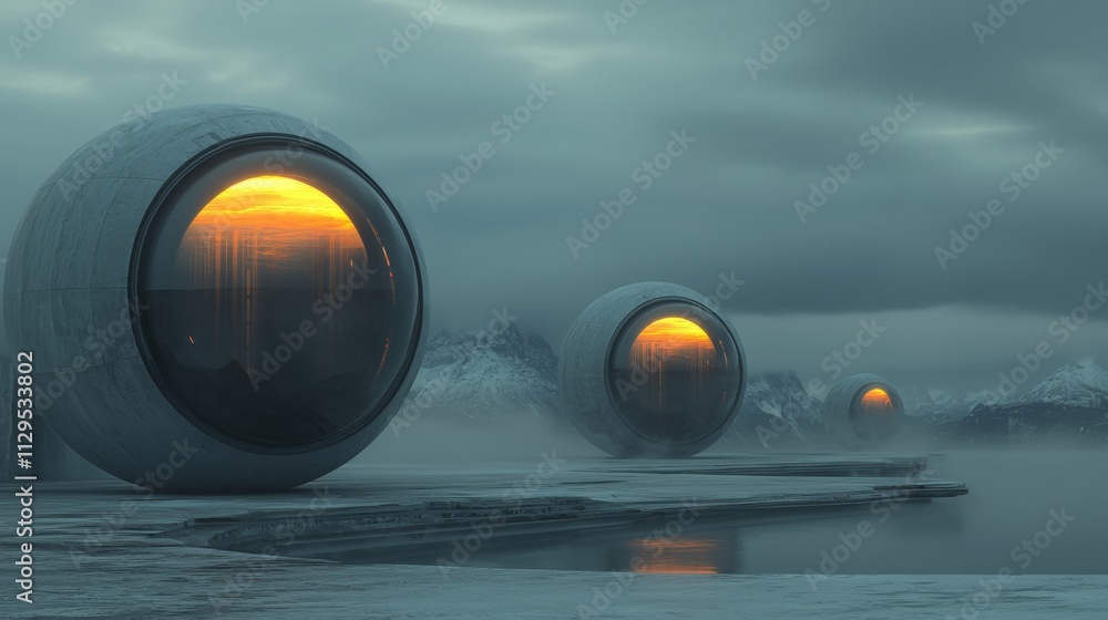 Poster futuristic landscape with three spherical structures in the foreground. the structures are made of c