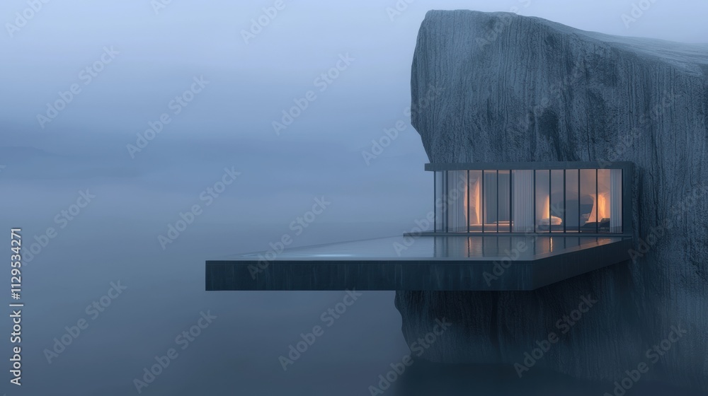 Poster modern building perched on the edge of a cliff. the building is made of concrete and has a rectangul