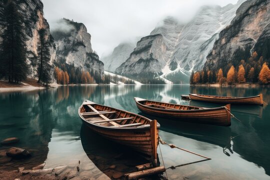 a group of boats standing on the shore of a mountain lake.
