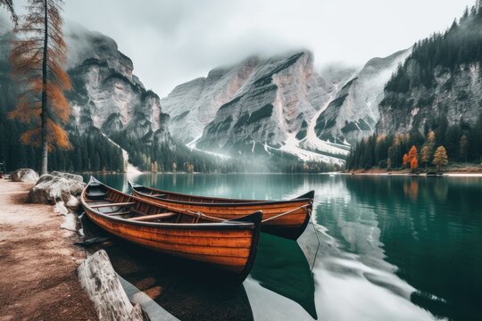 a group of boats standing on the shore of a mountain lake.