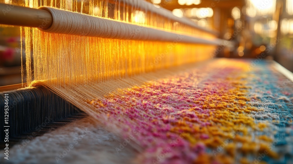 Poster vibrant threads of color illuminated by sunset on a loom with intricate patterns of fabric creation 