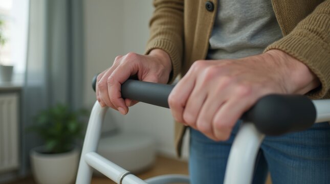Close-up image of an elderly man’s hands gripping a walker, emphasizing mobility issues and support needs, with soft natural light and neutral indoor background tones.