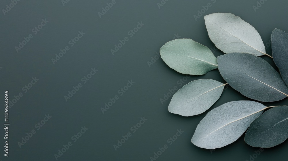Poster flat lay of five leaves on a dark green background. the leaves are arranged in a scattered manner, w
