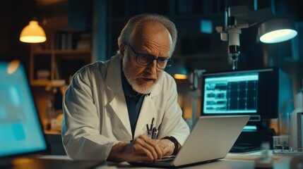 Focused Senior Scientist in Laboratory Reviewing Data on Laptop, Surrounded by Scientific Equipment and Warm Ambient Light in Evening Setting
