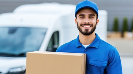 Happy deliveryman posing with a package in front of a delivery van