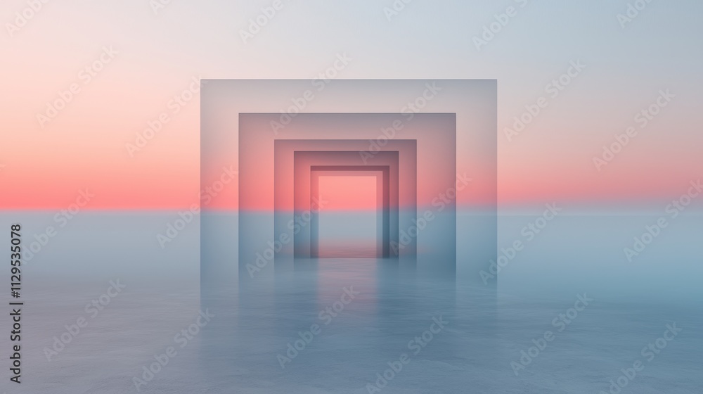 Poster digital art piece that appears to be a 3d rendering of an empty room with a pink and blue gradient b
