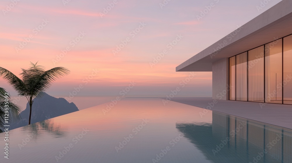 Poster modern building with a long, rectangular swimming pool in the foreground. the pool is surrounded by 