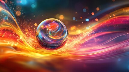 Vibrant energy sphere floats on colorful, swirling light trails.