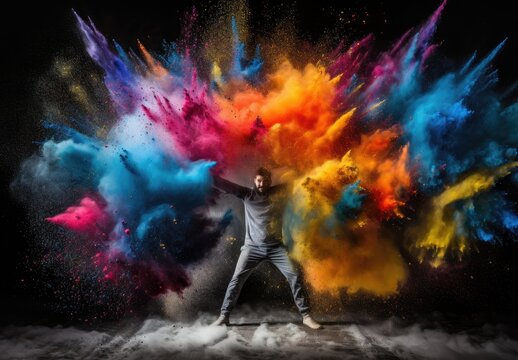 A man on a black background wearing a multi-colored smoke bomb.