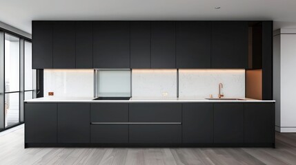 Elegant minimalist kitchen with black cabinets, white quartz countertops, copper hardware, and sleek glass backsplash in spacious penthouse,
