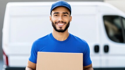 Happy deliveryman posing with a package in front of a delivery van
