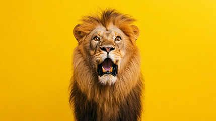 Lion with its mouth open and teeth showing. The lion is looking at the camera. The yellow...