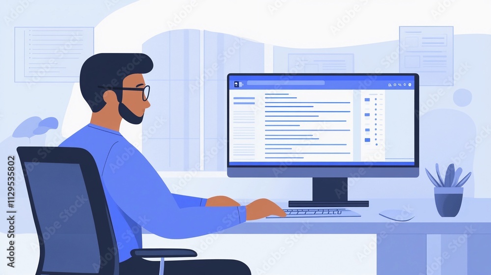 Poster person working at a desk using a computer in a modern office setting