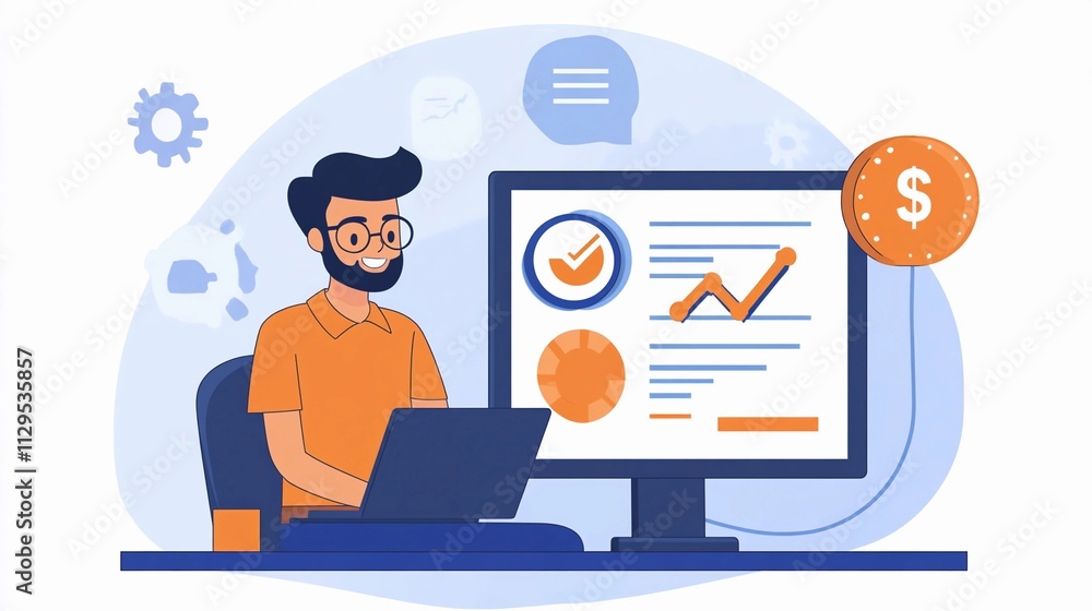 Poster person working on a laptop analyzing data and charts in a bright digital workspace