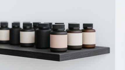 Row of nine small glass bottles arranged on a black wooden shelf. the bottles are of different sizes and shapes, with the largest one in the center and the smallest one on the right side.