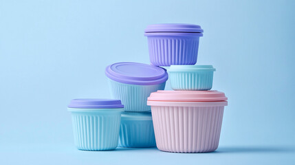 Pastel Plastic Food Storage Containers Stacked on Blue Background