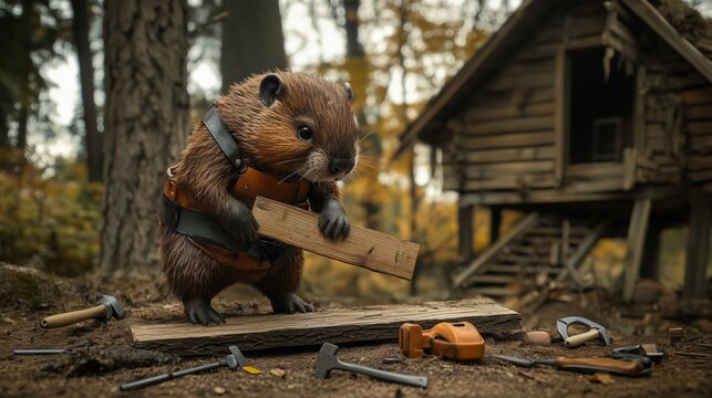 a beaver wearing a toolbelt while carefully sawing a plank of wood.