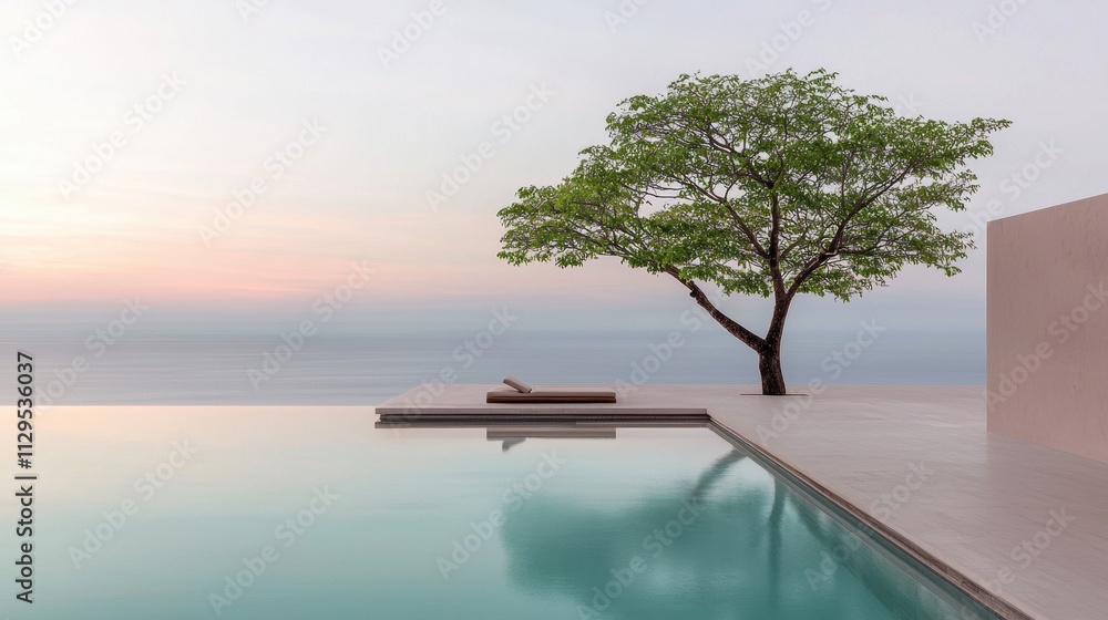 Poster beautiful infinity pool with a stunning view of the ocean at sunset. the pool is rectangular in shap