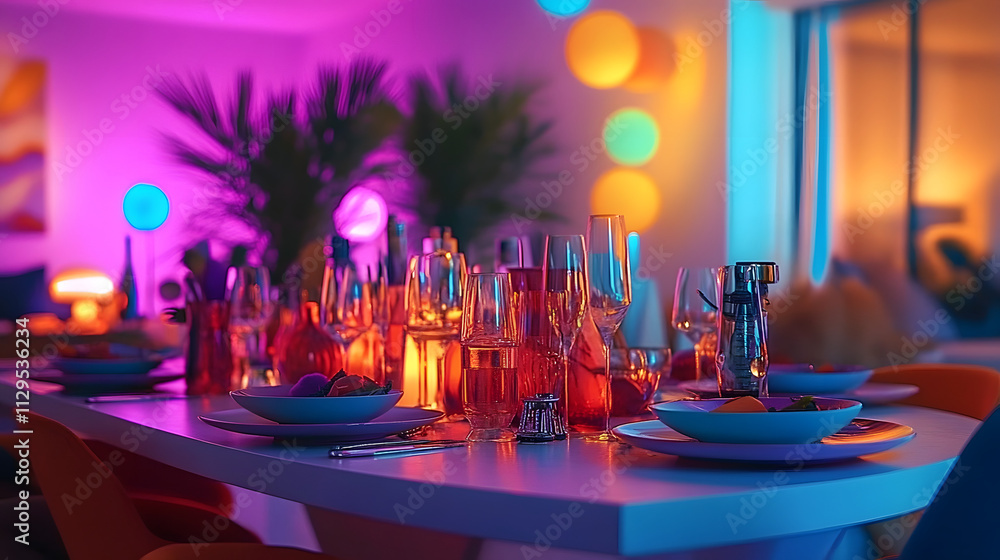Poster a color block themed party. the mood is fun and groovy. dining table.