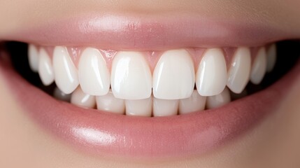 Fototapeta premium Close-up of a person's mouth, showing their teeth. the teeth are white and appear to be healthy and well-groomed. the person's lips are slightly parted, and their teeth are slightly crooked.