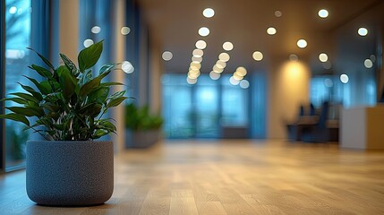 Modern office interior with potted plant and warm lighting enhancing the workspace ambiance