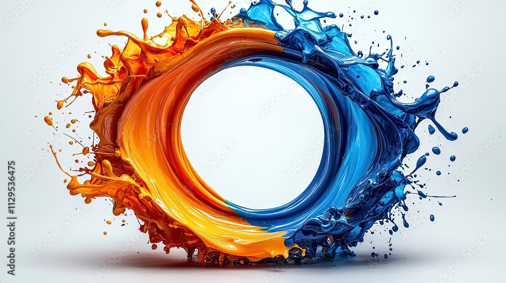 Poster vibrant splashes of orange and blue paint create a dynamic circular motion against a clean backgroun