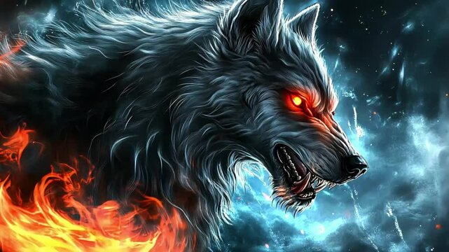 A surreal and otherworldly scene featuring a mythical wolf surrounded by swirling, glowing lights and flickering flames, giving the impression of supernatural power and energy.