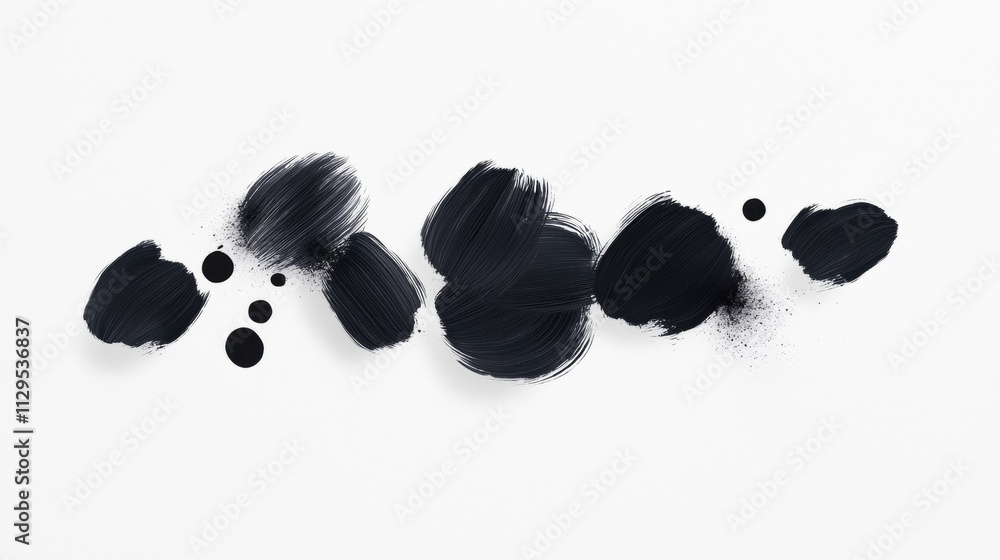 Poster black and white illustration of a group of five black circles arranged in a diagonal line. the circl