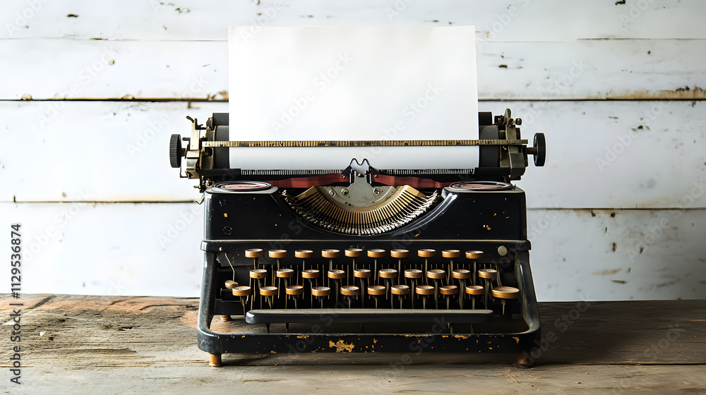 Fototapete a typewriter with a blank sheet of paper, leaving space for your text.