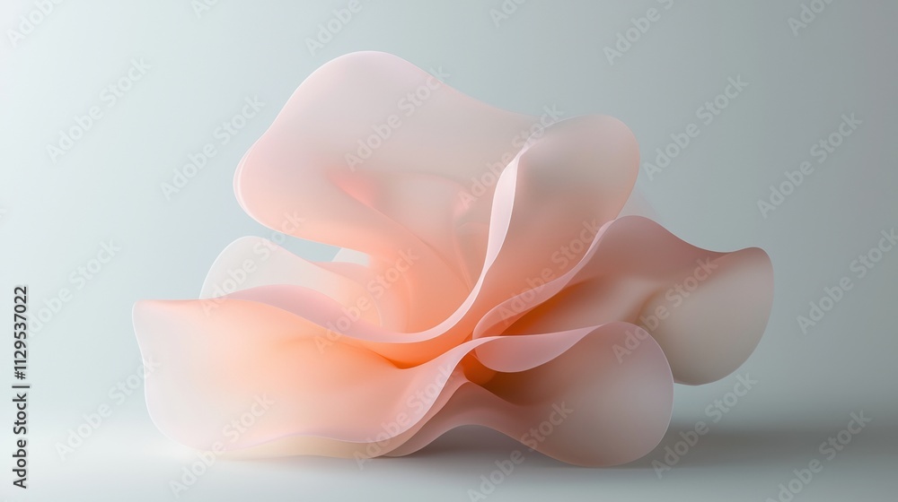 Poster 3d rendering of a large, abstract flower. the flower is made up of multiple layers of pink and peach-colored petals that are arranged in a way that creates a sense of movement and depth.