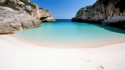 Fototapeta premium A serene beach scene with turquoise waters and white sand, ideal for relaxation and vacation.