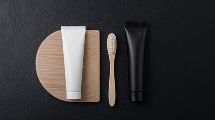 Naklejka premium Flat lay of three items on a black background. on the left side, there is a white tube of toothpaste with a wooden handle. next to it, there are two wooden toothbrushes with white bristles.