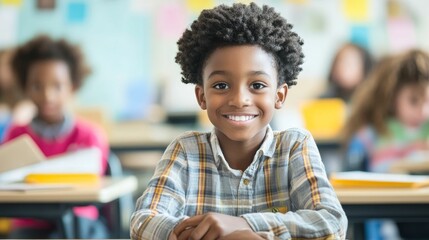 Smiling schoolboy sits at classroom desk, classmates blurred.
